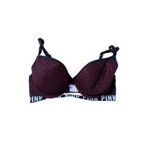 PINK Bra Womens 32DD Red Push Up Padded Molded Underwired Lace Elastic Band